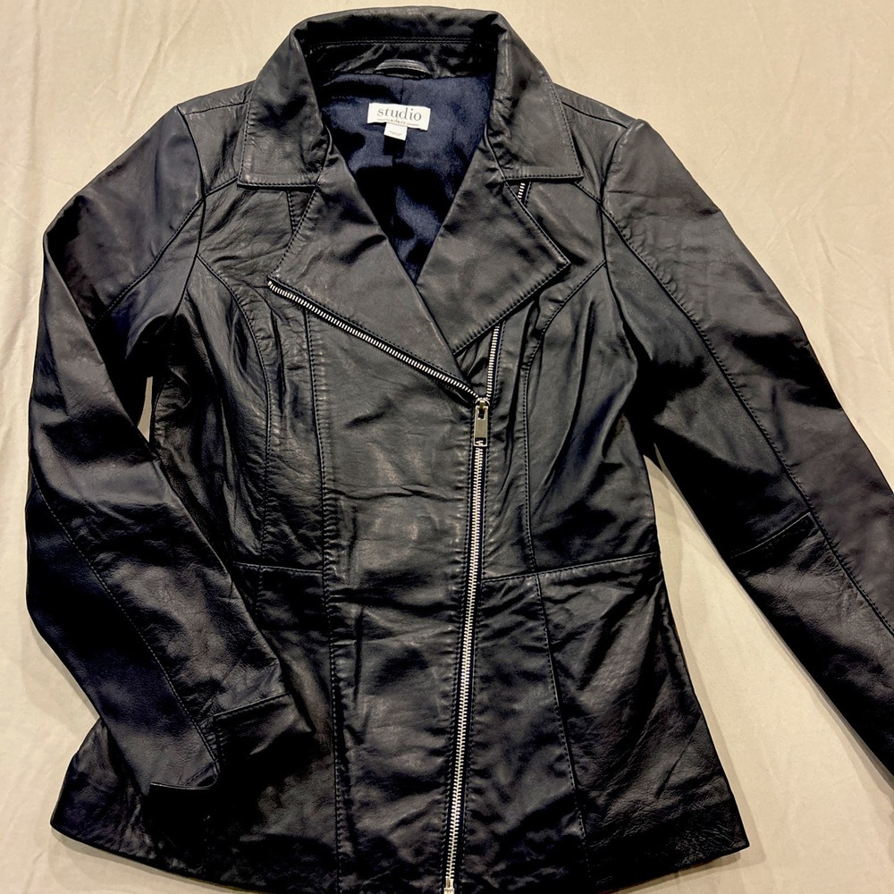 Denim & Co. Lamb Leather Zip Moto‎ Jacket XXS Navy Blue Classic Yet Edgy EUC